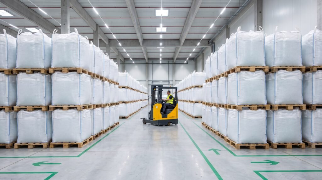 Armazém de distribuidor de resinas com big bags de resinas plásticas em pallets