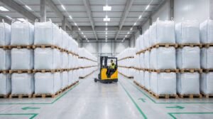 Armazém de distribuidor de resinas com big bags de resinas plásticas em pallets
