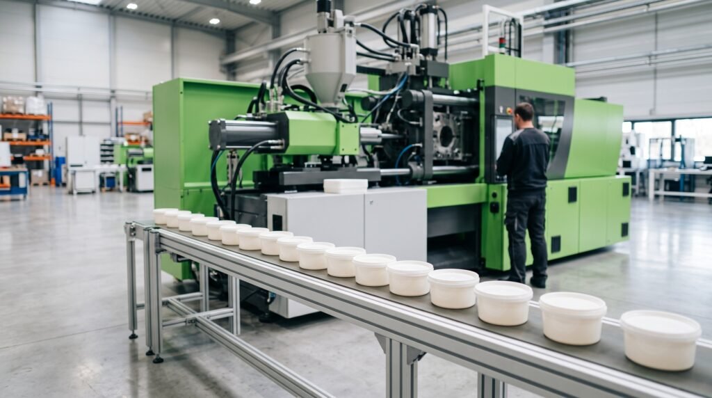 Máquina injetora processando resina para injeção com peças plásticas na esteira