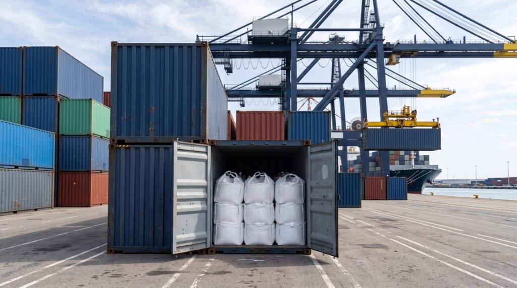 Contêiner com big bags de resina importada em terminal portuário