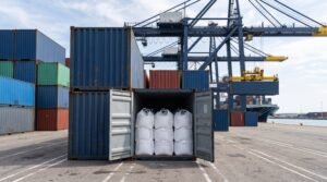 Contêiner com big bags de resina importada em terminal portuário