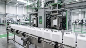 Máquina de sopro produzindo bombonas com resina para sopro