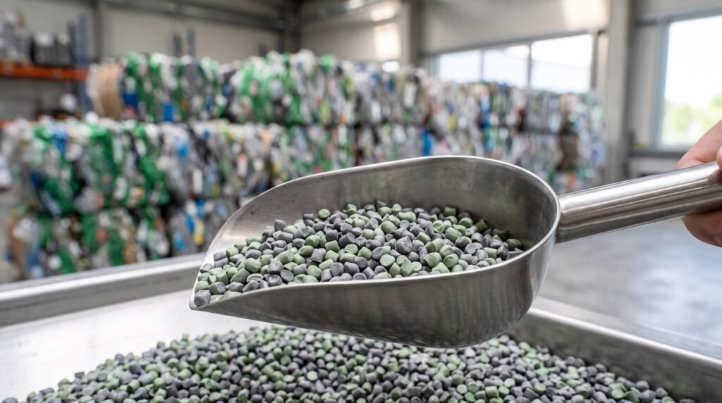 Pellets de resina PCR reciclada em concha metálica em usina de reciclagem