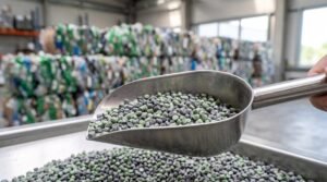 Pellets de resina PCR reciclada em concha metálica em usina de reciclagem