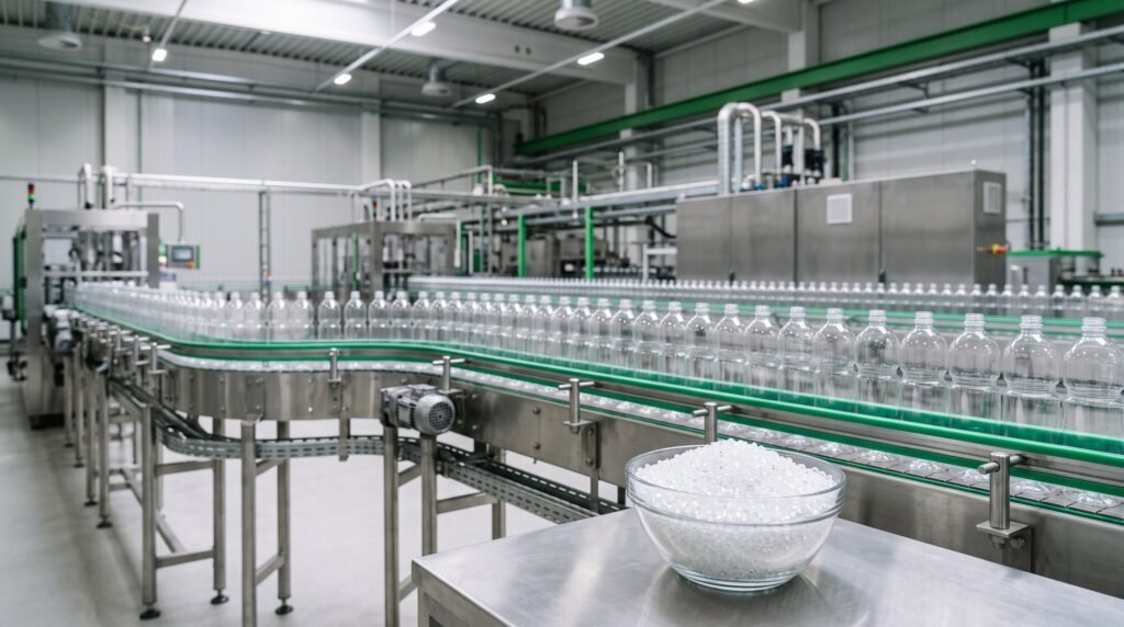 Garrafas transparentes e pellets de resina PET em linha de produção